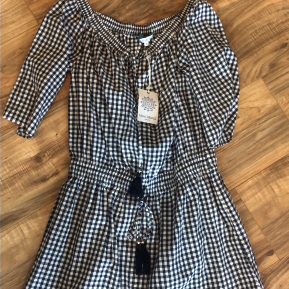 Medium off shoulder navy gingham dress